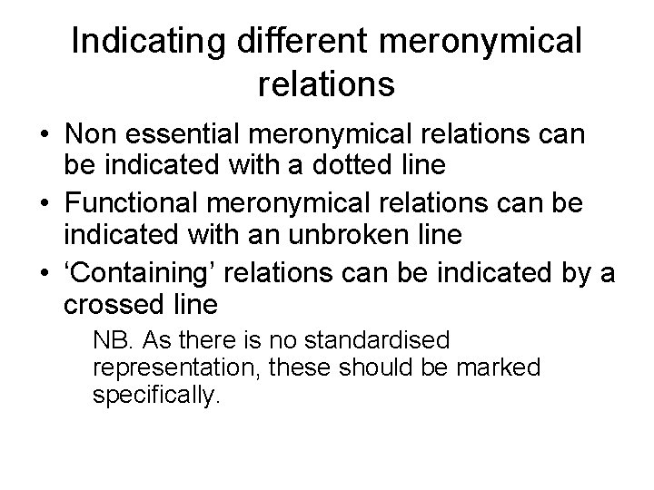 Indicating different meronymical relations • Non essential meronymical relations can be indicated with a