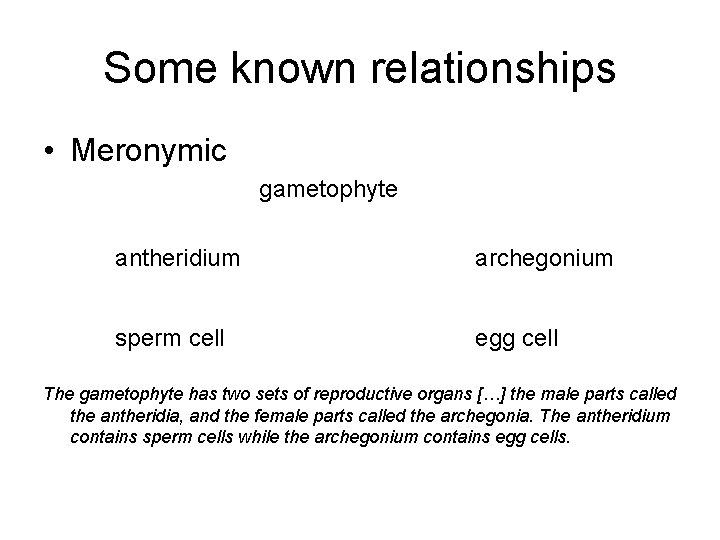 Some known relationships • Meronymic gametophyte antheridium archegonium sperm cell egg cell The gametophyte