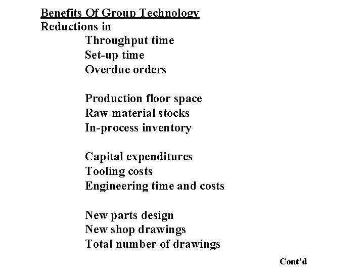 Benefits Of Group Technology Reductions in Throughput time Set-up time Overdue orders Production floor