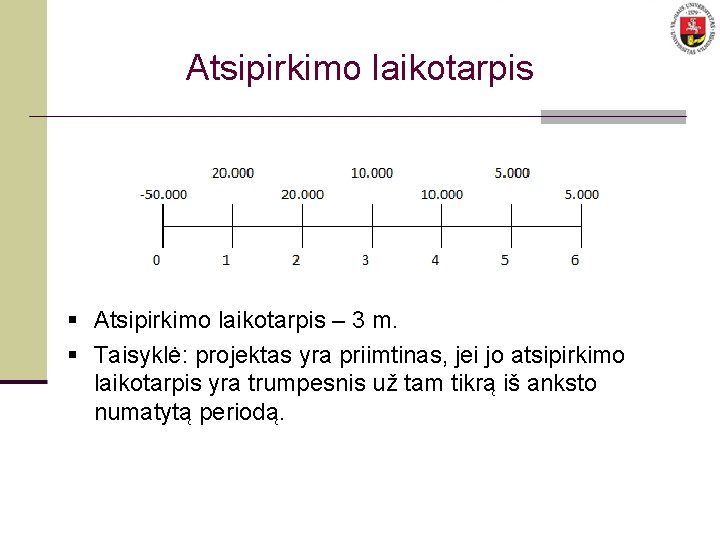 Atsipirkimo laikotarpis § Atsipirkimo laikotarpis – 3 m. § Taisyklė: projektas yra priimtinas, jei