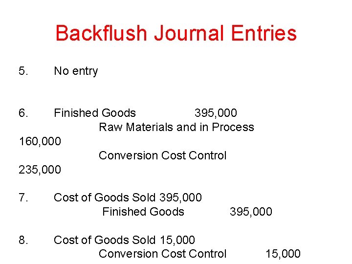 Backflush Journal Entries 5. No entry 6. Finished Goods 395, 000 Raw Materials and