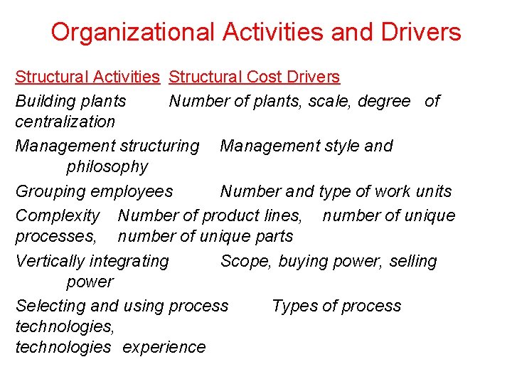 Organizational Activities and Drivers Structural Activities Structural Cost Drivers Building plants Number of plants,
