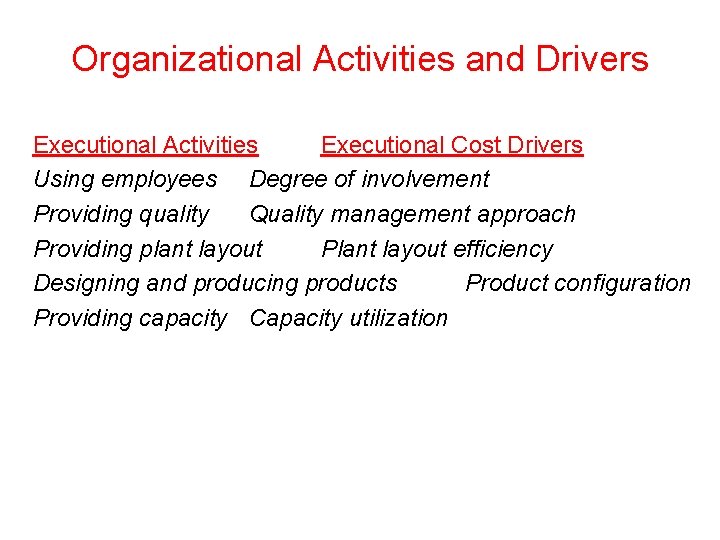 Organizational Activities and Drivers Executional Activities Executional Cost Drivers Using employees Degree of involvement