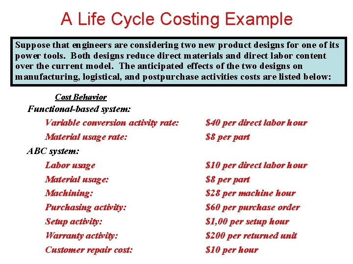 A Life Cycle Costing Example Suppose that engineers are considering two new product designs