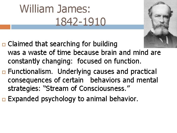 William James: 1842 -1910 Claimed that searching for building blocks was a waste of