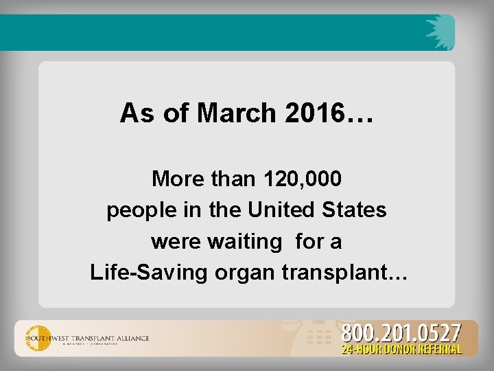 As of March 2016… More than 120, 000 people in the United States were