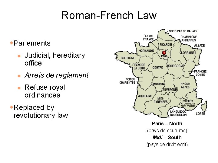 Roman-French Law w. Parlements n n n Judicial, hereditary office Arrets de reglament Refuse