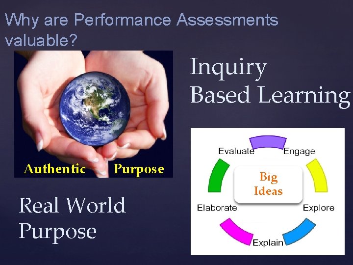 Why are Performance Assessments valuable? Inquiry Based Learning Authentic Purpose Real World Purpose Big