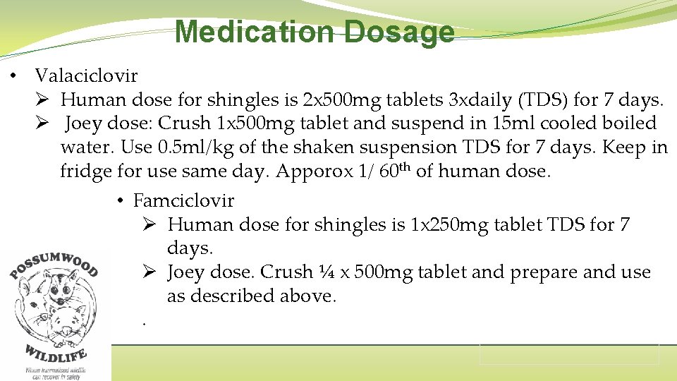 Medication Dosage • Valaciclovir Ø Human dose for shingles is 2 x 500 mg