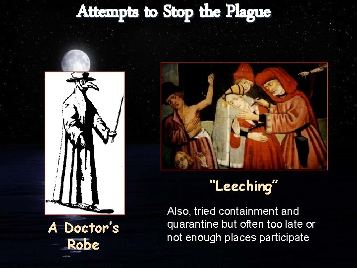 Attempts to Stop the Plague “Leeching” A Doctor’s Robe Also, tried containment and quarantine