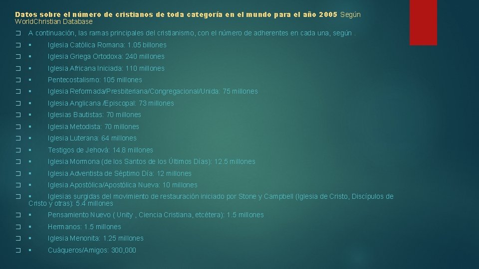 Datos sobre el número de cristianos de toda categoría en el mundo para el