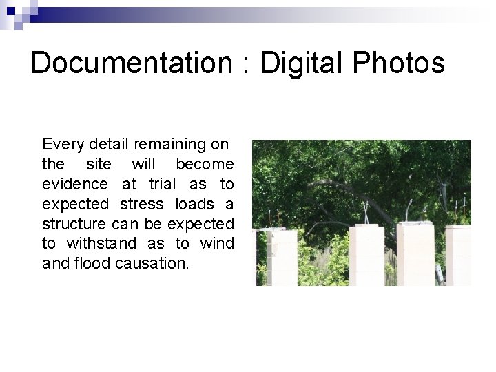 Documentation : Digital Photos Every detail remaining on the site will become evidence at