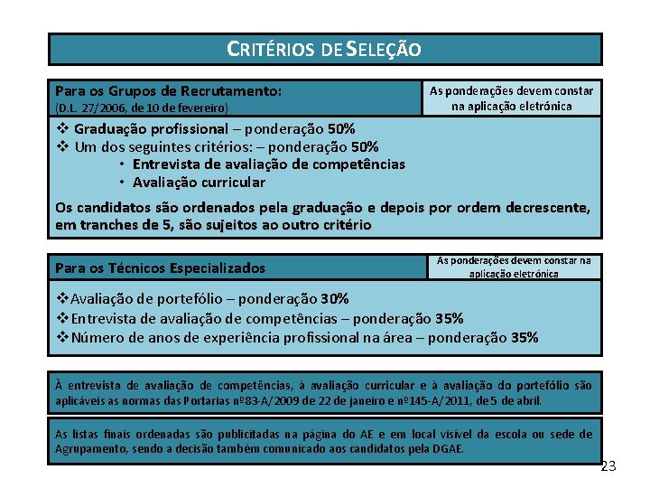 CRITÉRIOS DE SELEÇÃO Para os Grupos de Recrutamento: (D. L. 27/2006, de 10 de CRITÉRIOS DE SELEÇÃO Para os Grupos de Recrutamento: (D. L. 27/2006, de 10 de