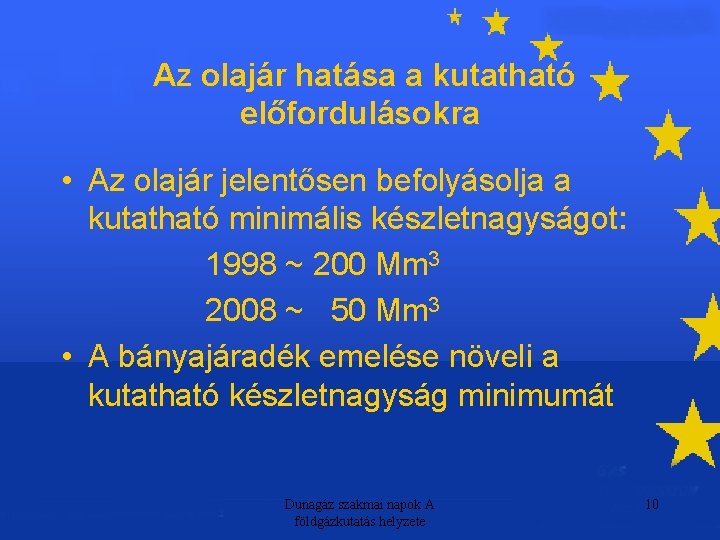 Az olajár hatása a kutatható előfordulásokra • Az olajár jelentősen befolyásolja a kutatható minimális