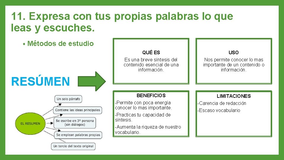 11. Expresa con tus propias palabras lo que leas y escuches. • Métodos de