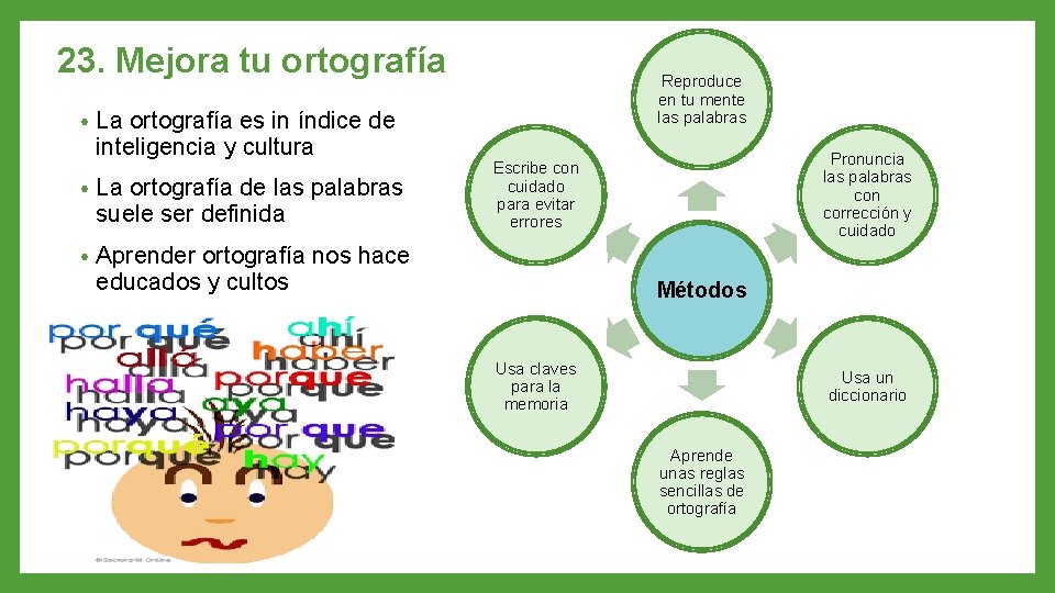 23. Mejora tu ortografía • La ortografía es in índice de inteligencia y cultura