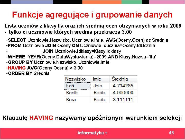 Funkcje agregujące i grupowanie danych Lista uczniów z klasy IIa oraz ich średnią ocen