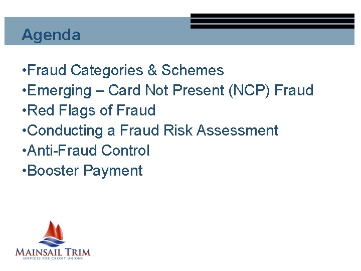 Agenda • Fraud Categories & Schemes • Emerging – Card Not Present (NCP) Fraud