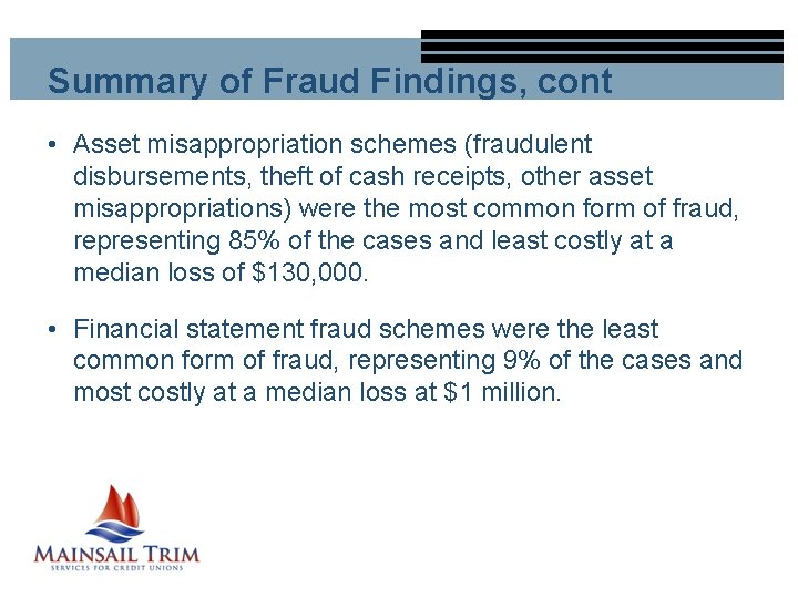 Summary of Fraud Findings, cont • Asset misappropriation schemes (fraudulent disbursements, theft of cash