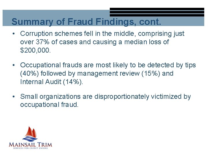 Summary of Fraud Findings, cont. • Corruption schemes fell in the middle, comprising just