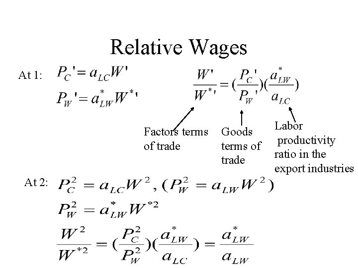 Relative Wages At 1: Factors terms of trade At 2: Goods terms of trade
