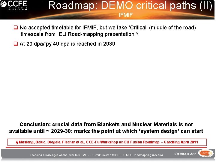 Roadmap: DEMO critical paths (II) IFMIF q No accepted timetable for IFMIF, but we