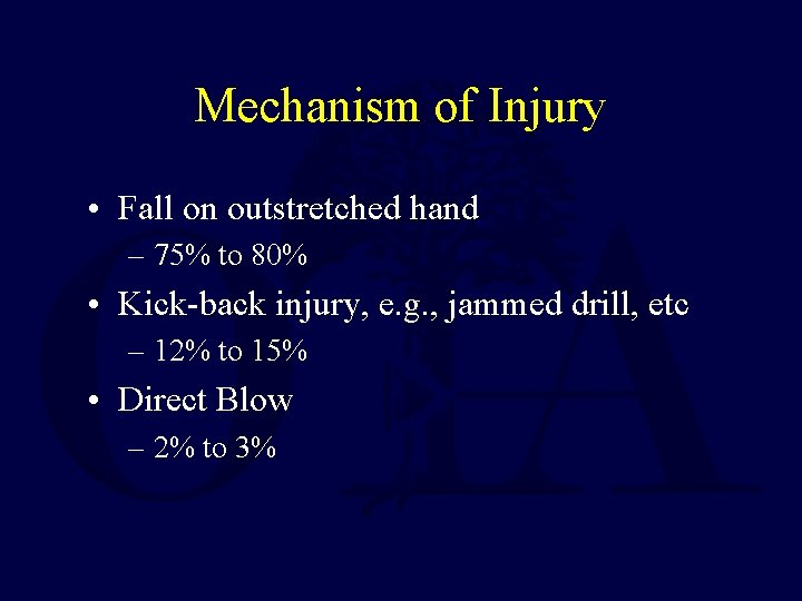 Mechanism of Injury • Fall on outstretched hand – 75% to 80% • Kick-back