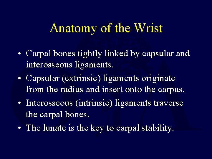 Anatomy of the Wrist • Carpal bones tightly linked by capsular and interosseous ligaments.