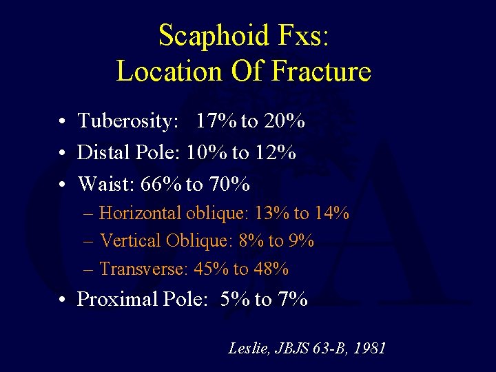 Scaphoid Fxs: Location Of Fracture • Tuberosity: 17% to 20% • Distal Pole: 10%