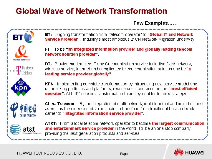 Global Wave of Network Transformation Few Examples…. . BT：Ongoing transformation from “telecom operator” to