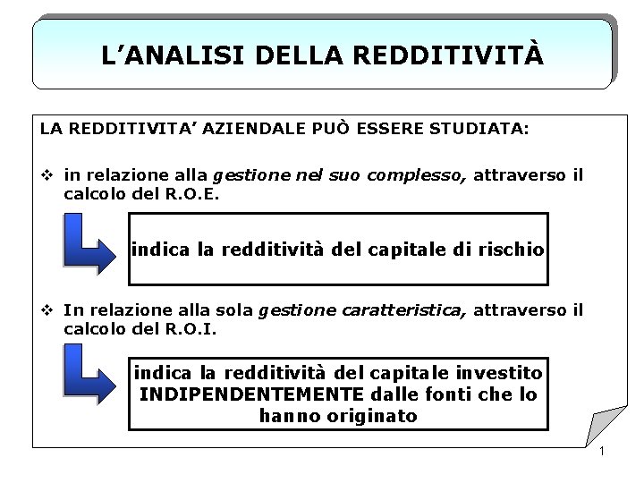 L’ANALISI DELLA REDDITIVITÀ LA REDDITIVITA’ AZIENDALE PUÒ ESSERE STUDIATA: v in relazione alla gestione