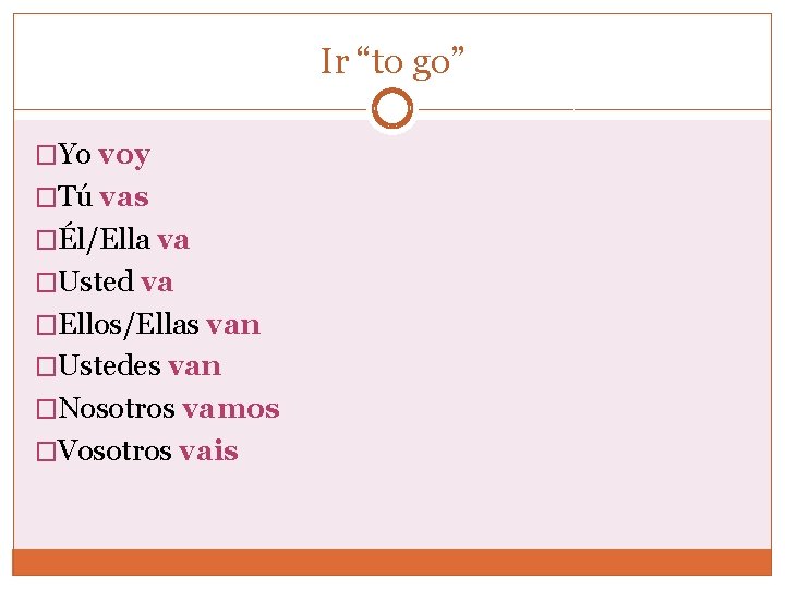 Ir “to go” �Yo voy �Tú vas �Él/Ella va �Usted va �Ellos/Ellas van �Ustedes