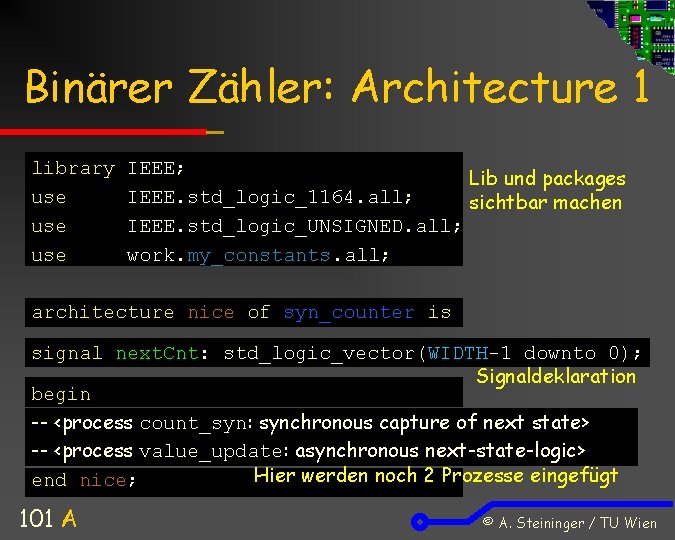 Binärer Zähler: Architecture 1 library use use IEEE; Lib und packages IEEE. std_logic_1164. all;