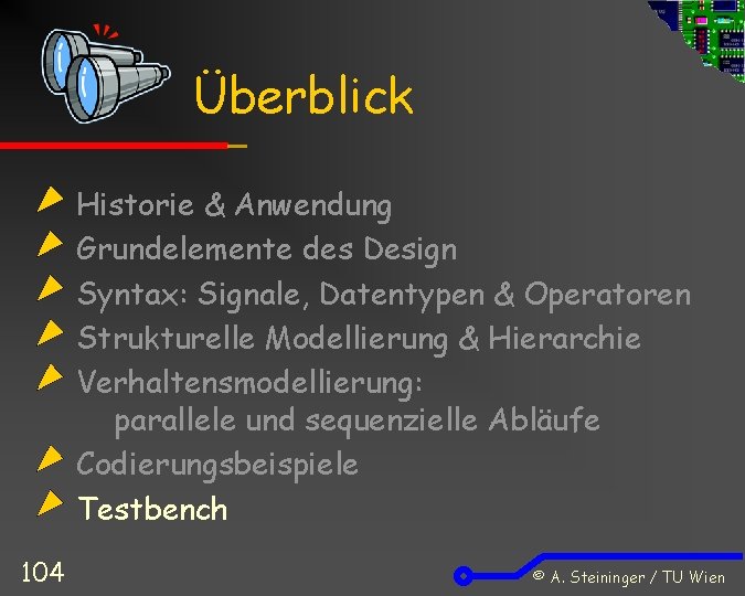 Überblick Historie & Anwendung Grundelemente des Design Syntax: Signale, Datentypen & Operatoren Strukturelle Modellierung
