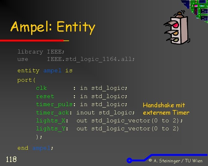 Ampel: Entity library IEEE; use IEEE. std_logic_1164. all; entity ampel is port( clk :