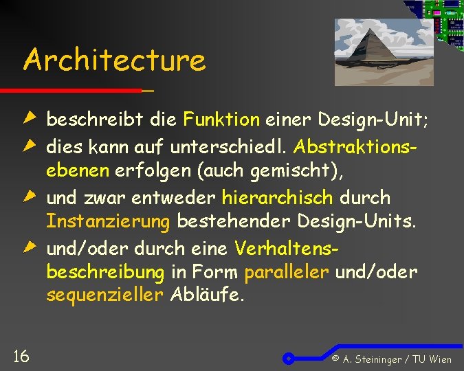 Architecture beschreibt die Funktion einer Design-Unit; dies kann auf unterschiedl. Abstraktionsebenen erfolgen (auch gemischt),