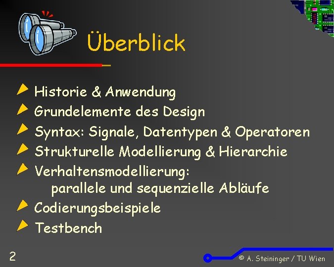 Überblick Historie & Anwendung Grundelemente des Design Syntax: Signale, Datentypen & Operatoren Strukturelle Modellierung
