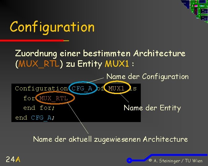 Configuration Zuordnung einer bestimmten Architecture (MUX_RTL) zu Entity MUX 1 : Name der Configuration