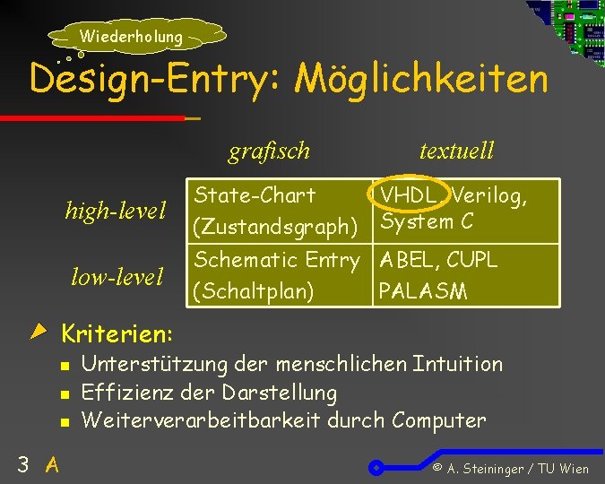 Wiederholung Design-Entry: Möglichkeiten grafisch textuell high-level State-Chart (Zustandsgraph) VHDL, Verilog, System C low-level Schematic