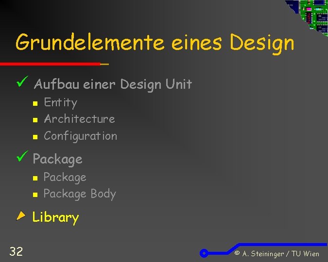 Grundelemente eines Design Aufbau einer Design Unit n n n Entity Architecture Configuration Package