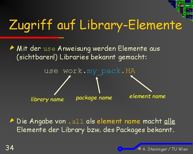 Zugriff auf Library-Elemente Mit der use Anweisung werden Elemente aus (sichtbaren!) Libraries bekannt gemacht: