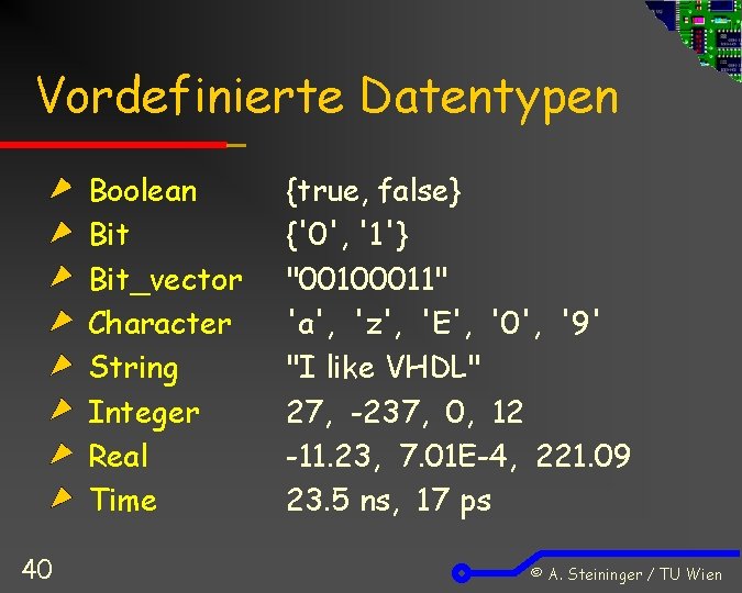 Vordefinierte Datentypen Boolean Bit_vector Character String Integer Real Time 40 {true, false} {'0', '1'}