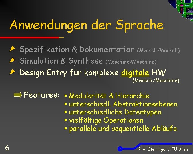 Anwendungen der Sprache Spezifikation & Dokumentation (Mensch/Mensch) Simulation & Synthese (Maschine/Maschine) Design Entry für
