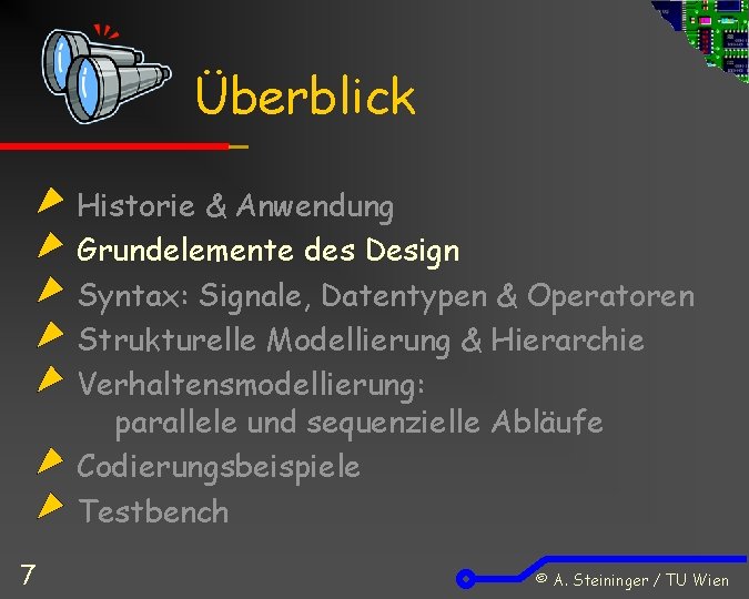 Überblick Historie & Anwendung Grundelemente des Design Syntax: Signale, Datentypen & Operatoren Strukturelle Modellierung