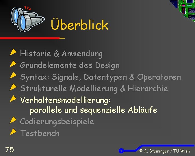 Überblick Historie & Anwendung Grundelemente des Design Syntax: Signale, Datentypen & Operatoren Strukturelle Modellierung