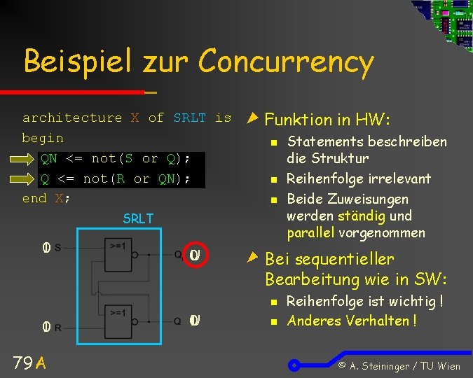Beispiel zur Concurrency architecture X of SRLT is begin QN <= not(S or Q);