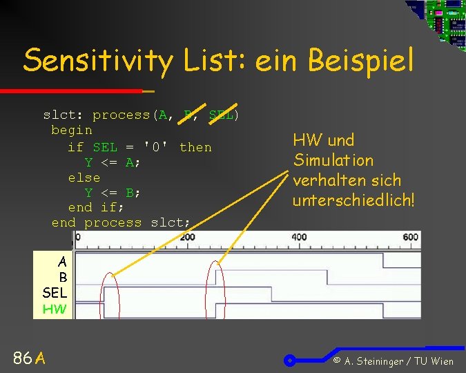 Sensitivity List: ein Beispiel slct: process(A, B, SEL) begin if SEL = '0' then