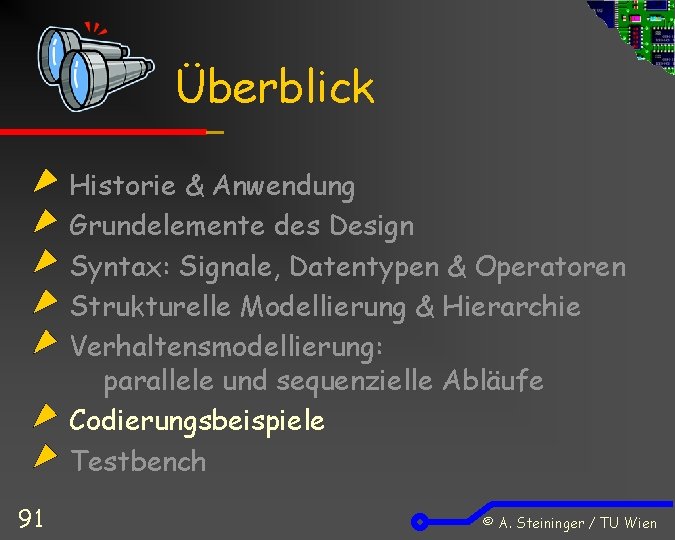 Überblick Historie & Anwendung Grundelemente des Design Syntax: Signale, Datentypen & Operatoren Strukturelle Modellierung