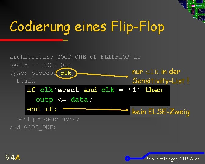 Codierung eines Flip-Flop architecture GOOD_ONE of FLIPFLOP is begin -- GOOD_ONE nur clk in