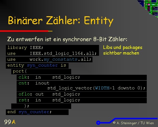 Binärer Zähler: Entity Zu entwerfen ist ein synchroner 8 -Bit Zähler: Libs und packages